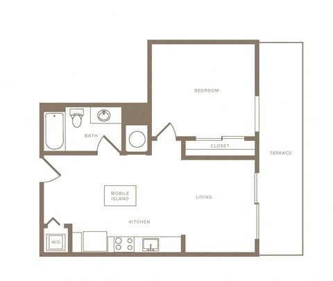 Floor plan for 1 bed, 1 bath, 639 sqft